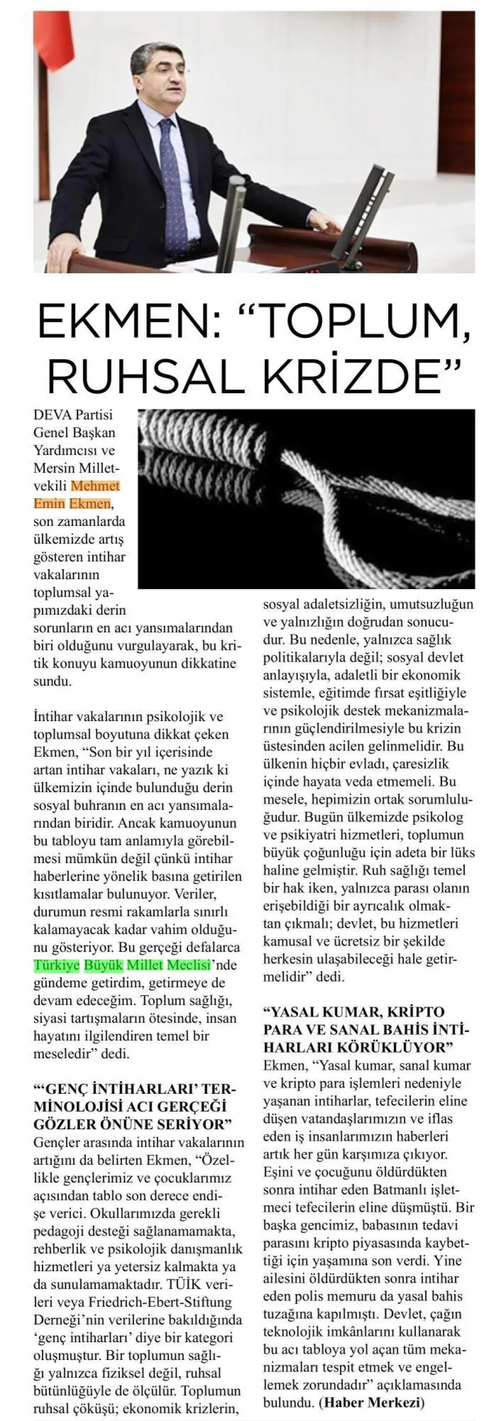 EKMEN: TOPLUM RUHSAL KRİZDE — gazete kupürü