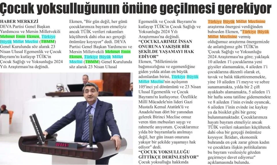 ÇOCUK YOKSULLUĞUNUN ÖNÜNE GEÇİLMESİ GEREKİYOR — gazete kupürü