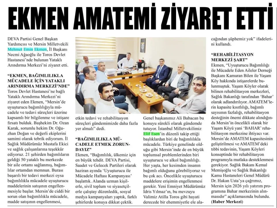 EKMEN: "BAĞIMLILIK, ÜLKEMİZ İÇİN EN BÜYÜK TEHDİT" — gazete kupürü