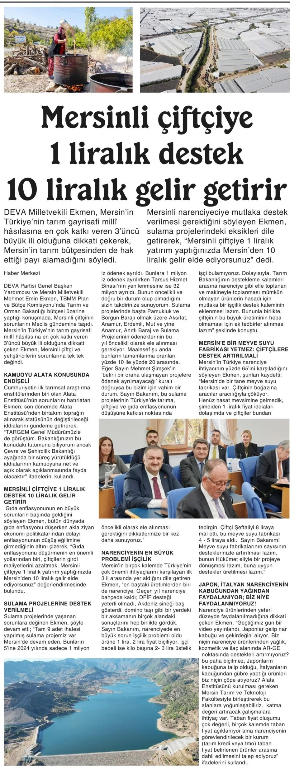MERSİNLİ ÇİFTÇİYE 1 LİRALIK DESTEK 10 LİRALIK GELİR GETİRİR — gazete kupürü