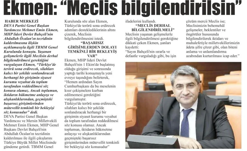 EKMEN: "MECLİS BİLGİLENDİRİLSİN" — gazete kupürü