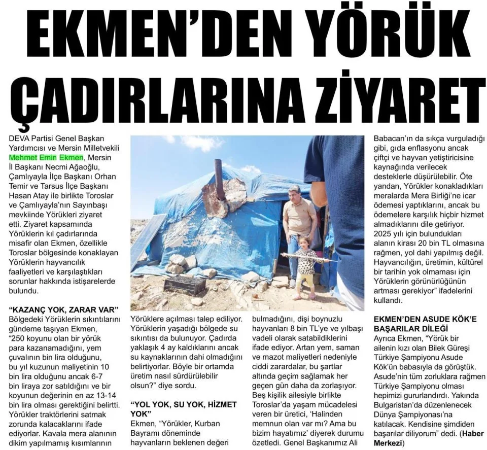 EKMEN'DEN YÖRÜK ÇADIRLARINA ZİYARET — gazete kupürü