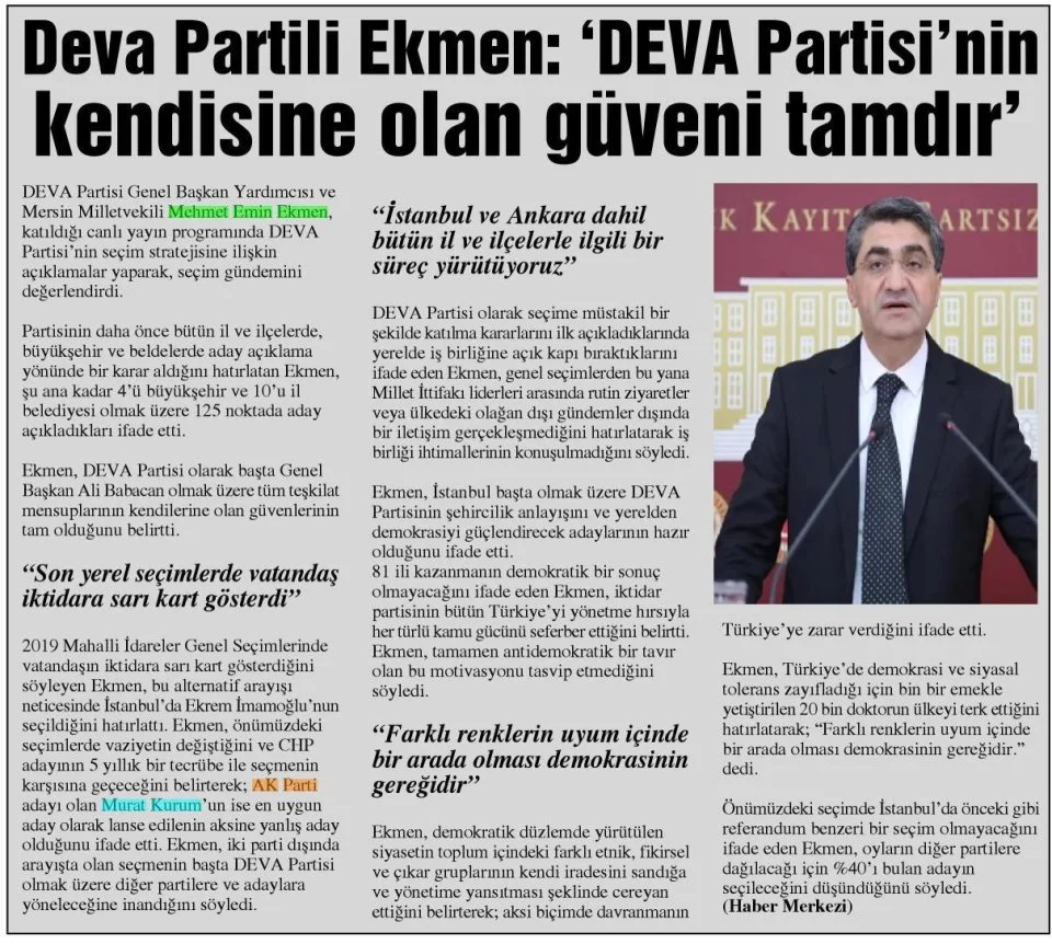 DEVA PARTİLİ EKMEN: 'DEVA PARTİSİ'NİN KENDİSİNE OLAN GÜVENİ TAMDIR' — gazete kupürü