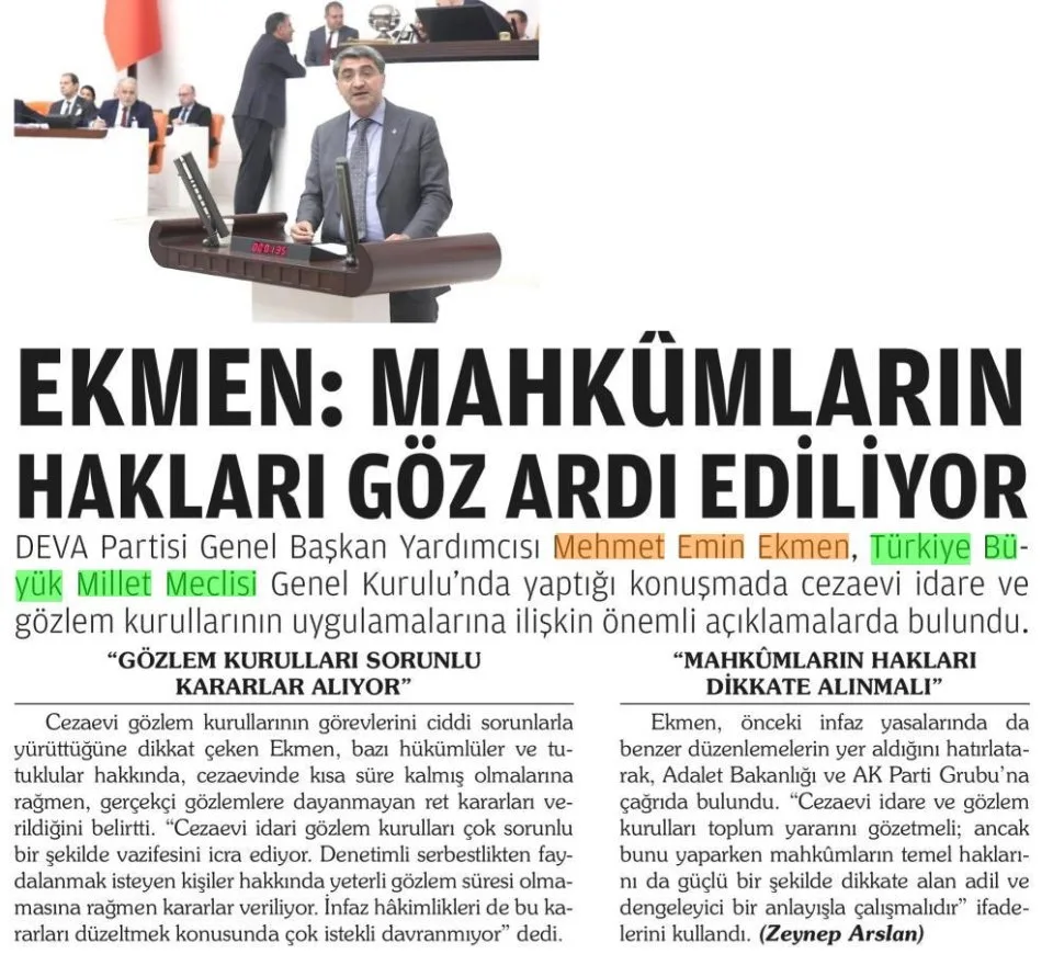 EKMEN : MAHKUMLARIN HAKLARI GÖZ ARDI EDİLİYOR — gazete kupürü