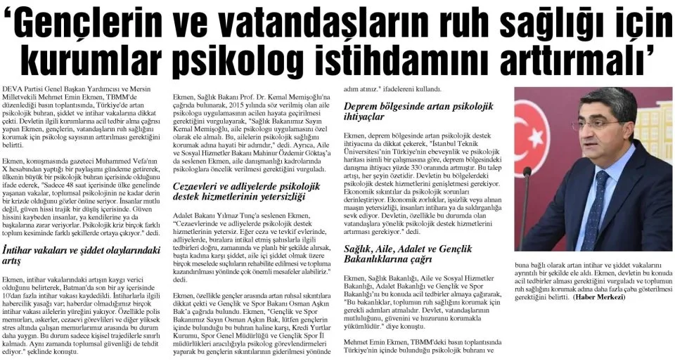 'GENÇLERİN VE VATANDAŞLARIN RUH SAĞLIĞI İÇİN KURUMLAR PSİKOLOG İSTİHDAMINI ARLTIRMALI' — gazete kupürü
