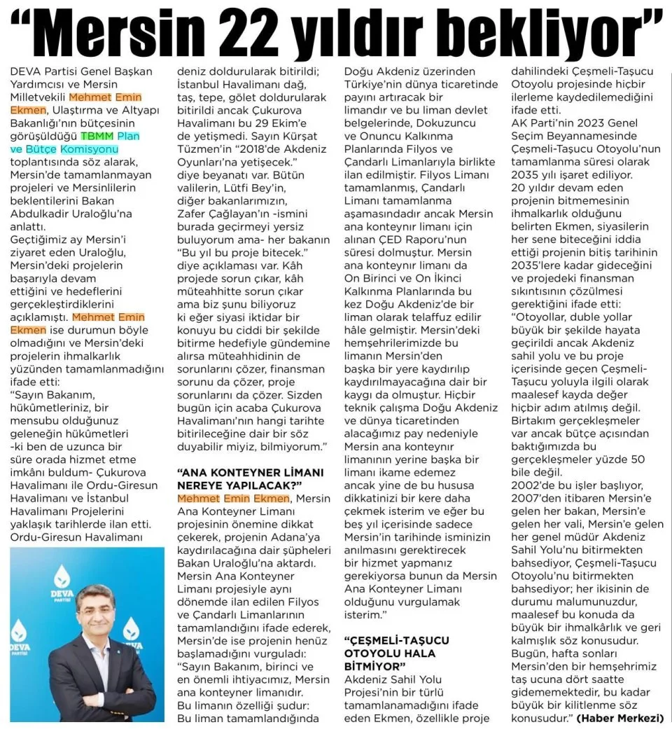 "MERSİN 22 YILDIR BEKLİYOR" — gazete kupürü
