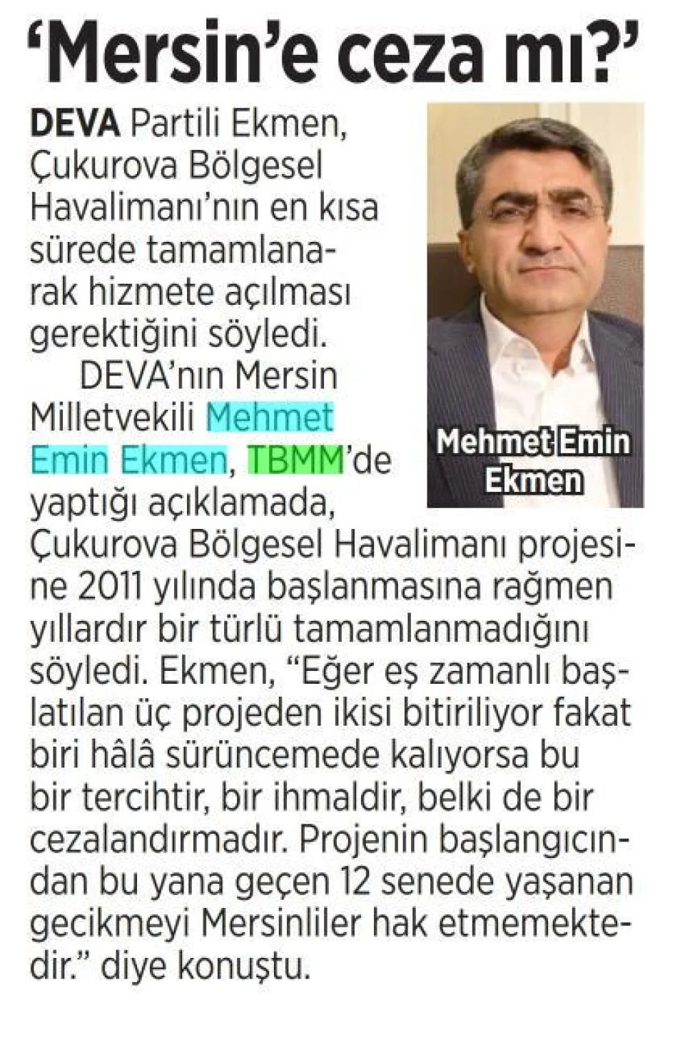 MERSİN'E CEZA MI — gazete kupürü