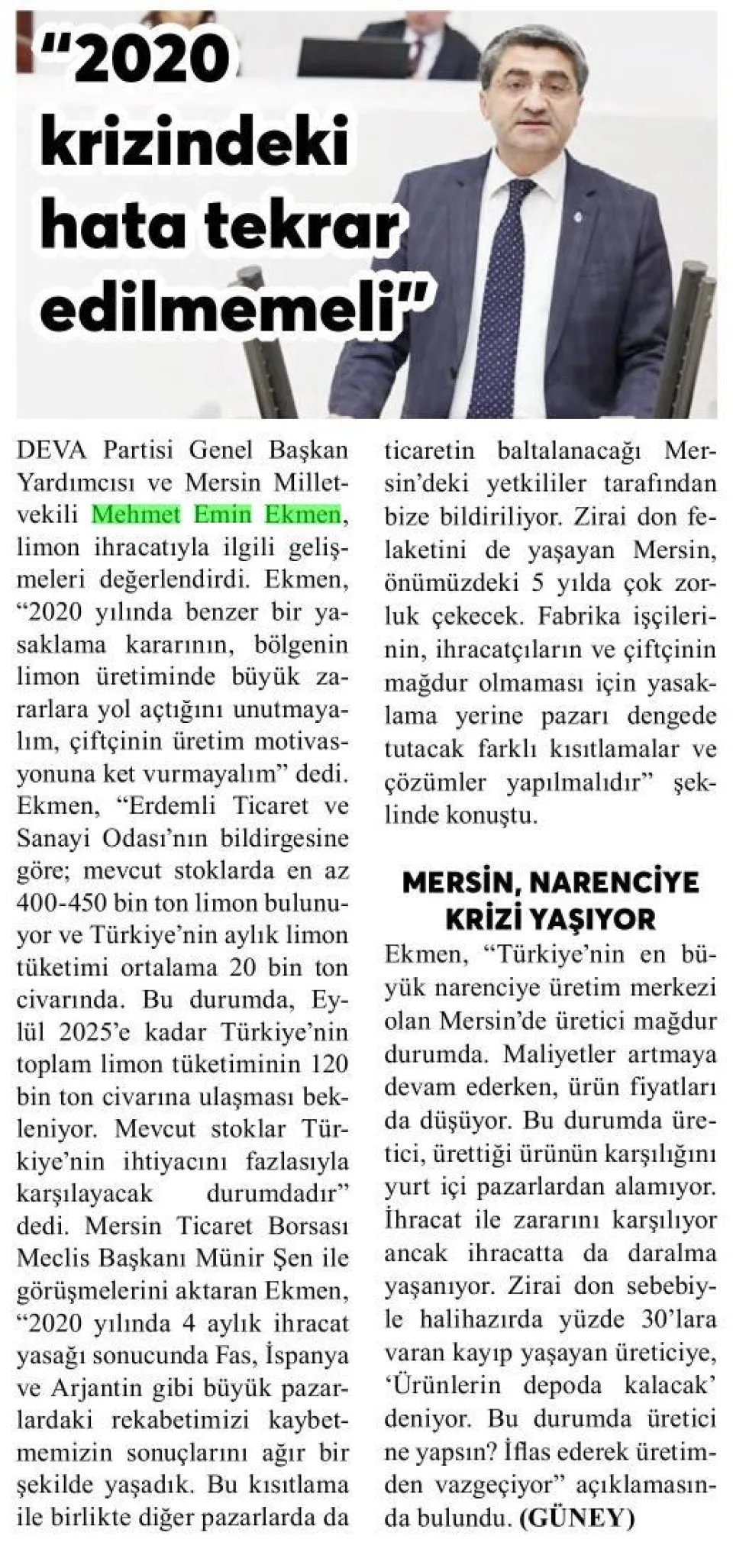 2020 KRİZİNDEKİ HATA TEKRAR EDİLMEMELİ — gazete kupürü