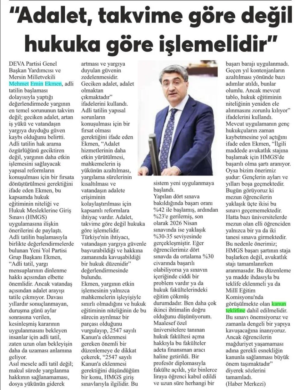 ADLİ TATİLDE YAPISAL REFORM ÇAĞRISI — gazete kupürü