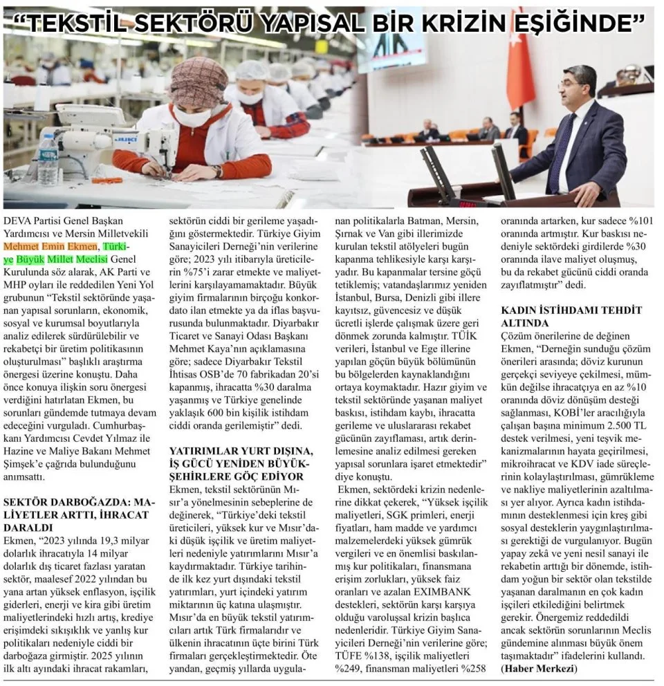 EKMEN TEKSTİL KRİZİNE DİKKAT ÇEKTİ — gazete kupürü