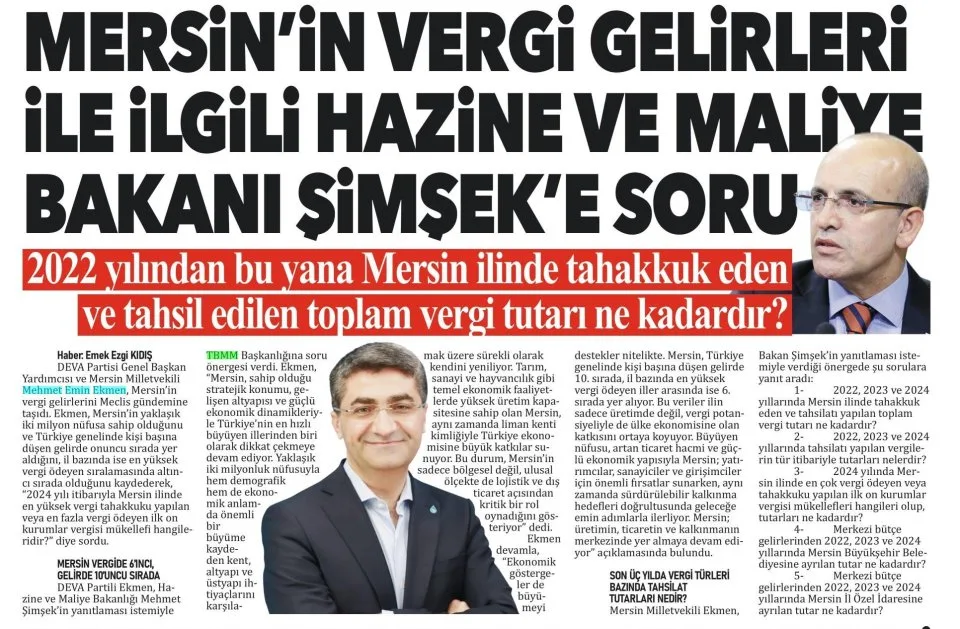 MERSİN'İN VERGİ GELİRLERİ MECLİS GÜNDEMİNDE — gazete kupürü