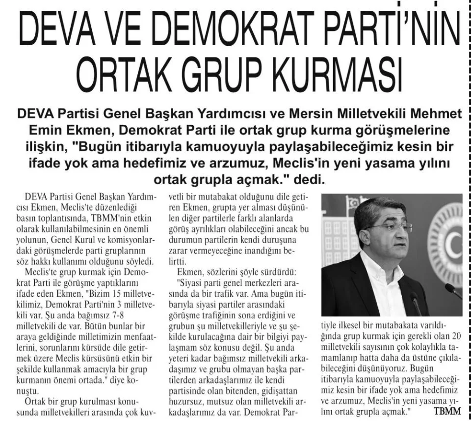 DEVA VE DEMOKRAT PARTİ ORTAK GRUP KURMASI — gazete kupürü