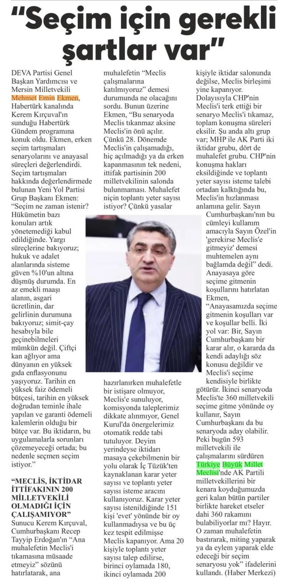 "SEÇİM İÇİN GEREKLİ ŞARTLAR VAR'' — gazete kupürü