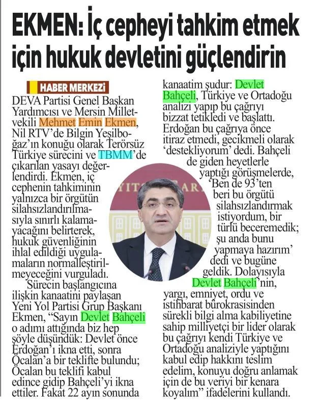 EKMEN: İÇ CEPHEYİ TAHKİM ETMEK İÇİN HUKUK DEVLETİNİ GÜÇLENDİRİN — gazete kupürü