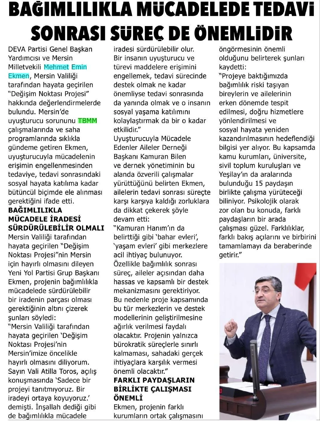 BAĞIMLILIKLA MÜCADELEDE TEDAVİ SONRASI SÜREÇ DE ÖNEMLİDİR — gazete kupürü (2. parça)