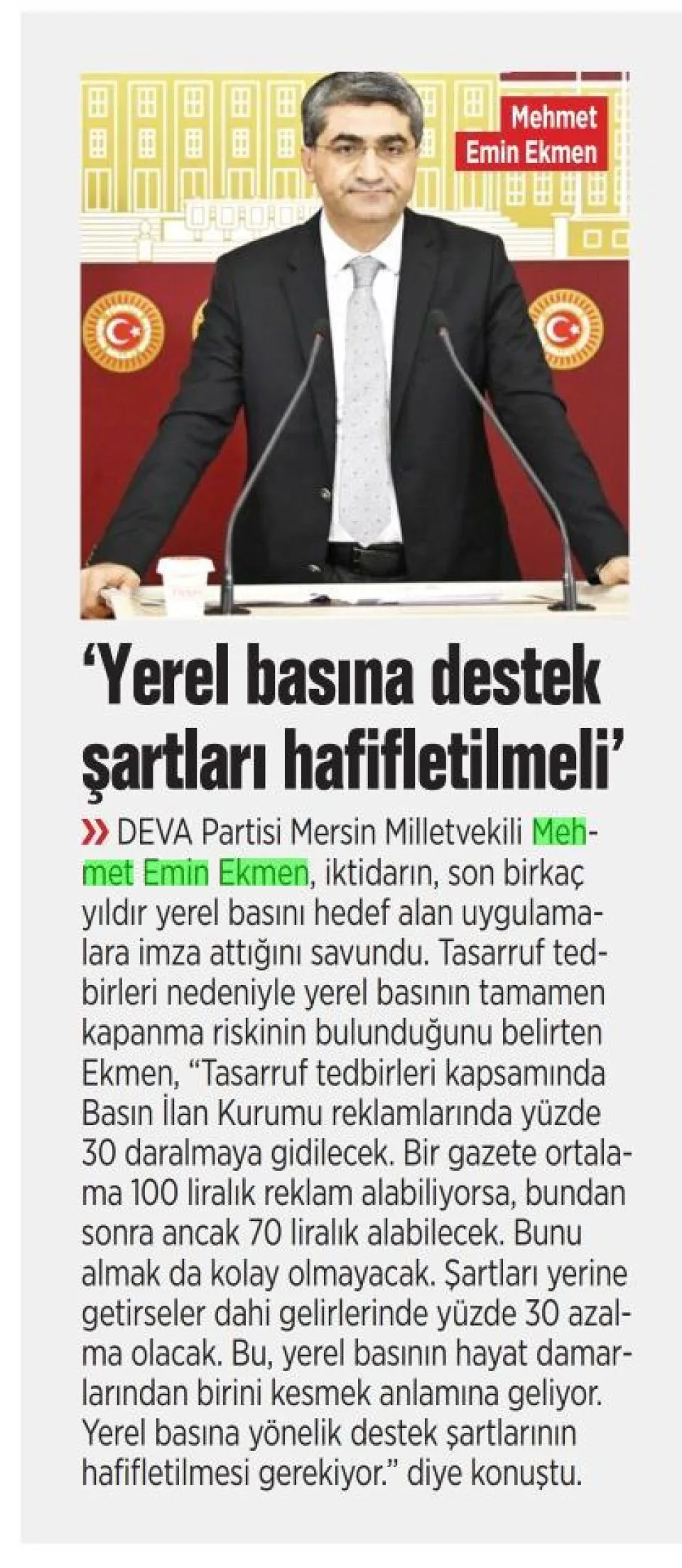 'YEREL BASINA DESTEK ŞARTLARI HAFİFLETİLMELİ' — gazete kupürü