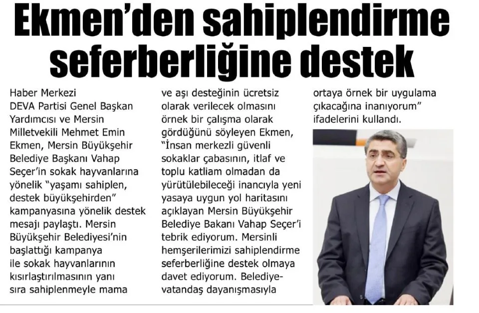 EKMENDEN SAHİPLENDİRME SEFERBERLİĞİNE DESTEK — gazete kupürü