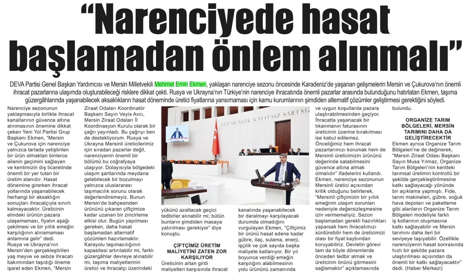 EKMEN: NARENCİYEDE HASAT BAŞLAMADAN ÖNLEM ALINMALI — gazete kupürü (2. parça)