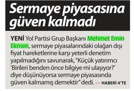 SERMAYE PİYASASINA GÜVEN KALMADI — gazete kupürü