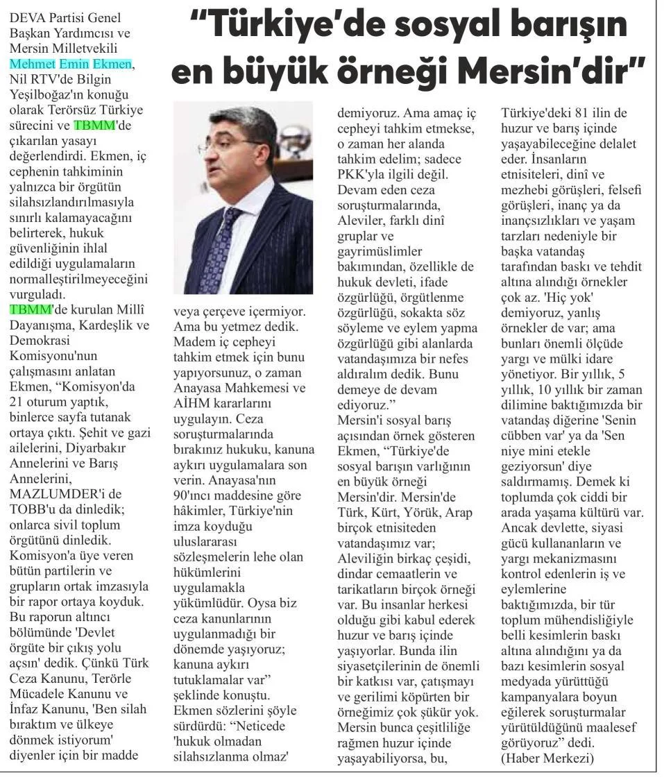 SOSYAL BARIŞIN EN BÜYÜK ÖRNEĞİ MERSİN — gazete kupürü (2. parça)