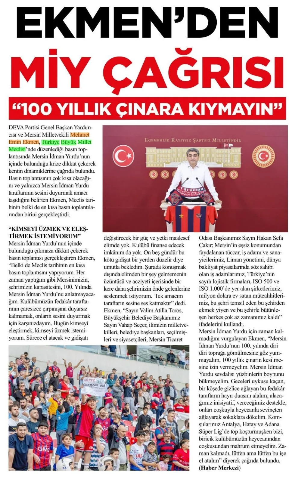 EKMEN'DEN SON ÇAĞRI — gazete kupürü