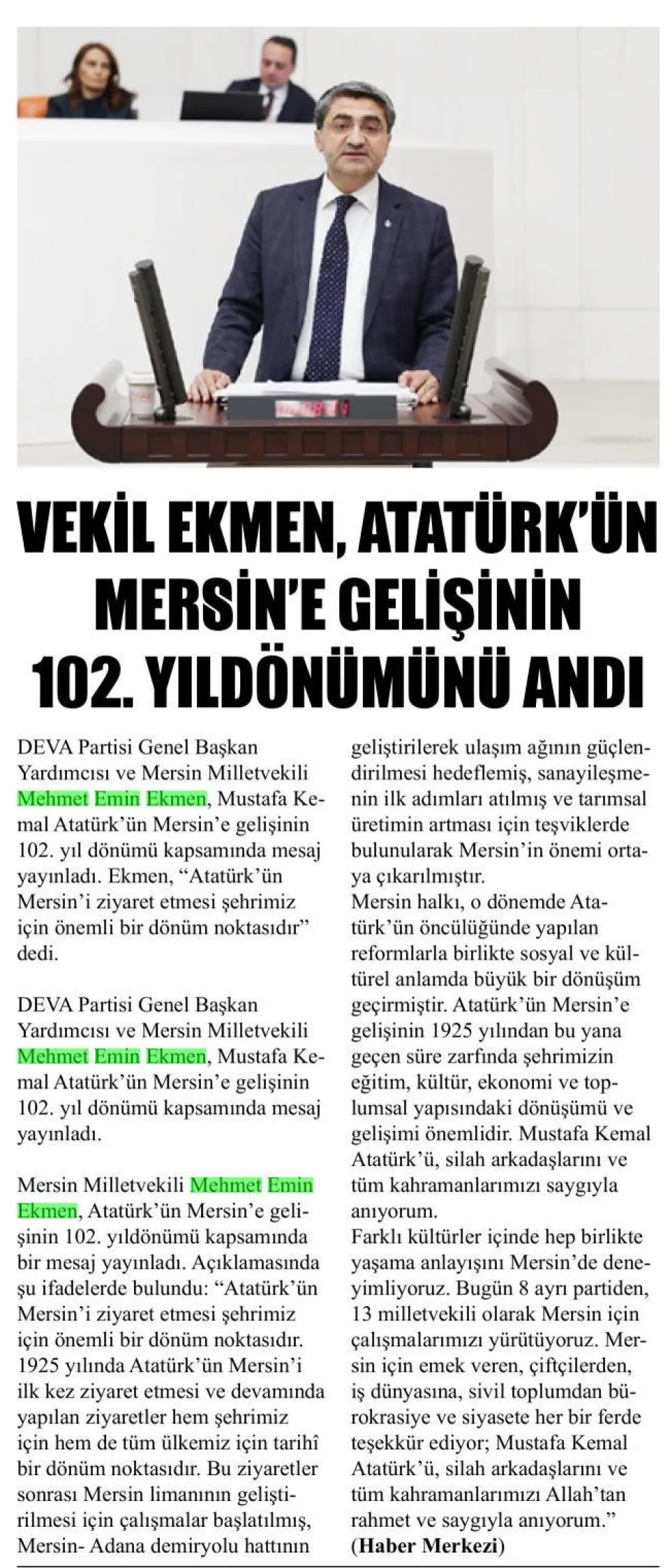 VEKİL EKMEN, ATATÜRK'ÜN MERSİN'E GELİŞİNİN 102. YILDÖNÜMÜNÜ ANDI — gazete kupürü