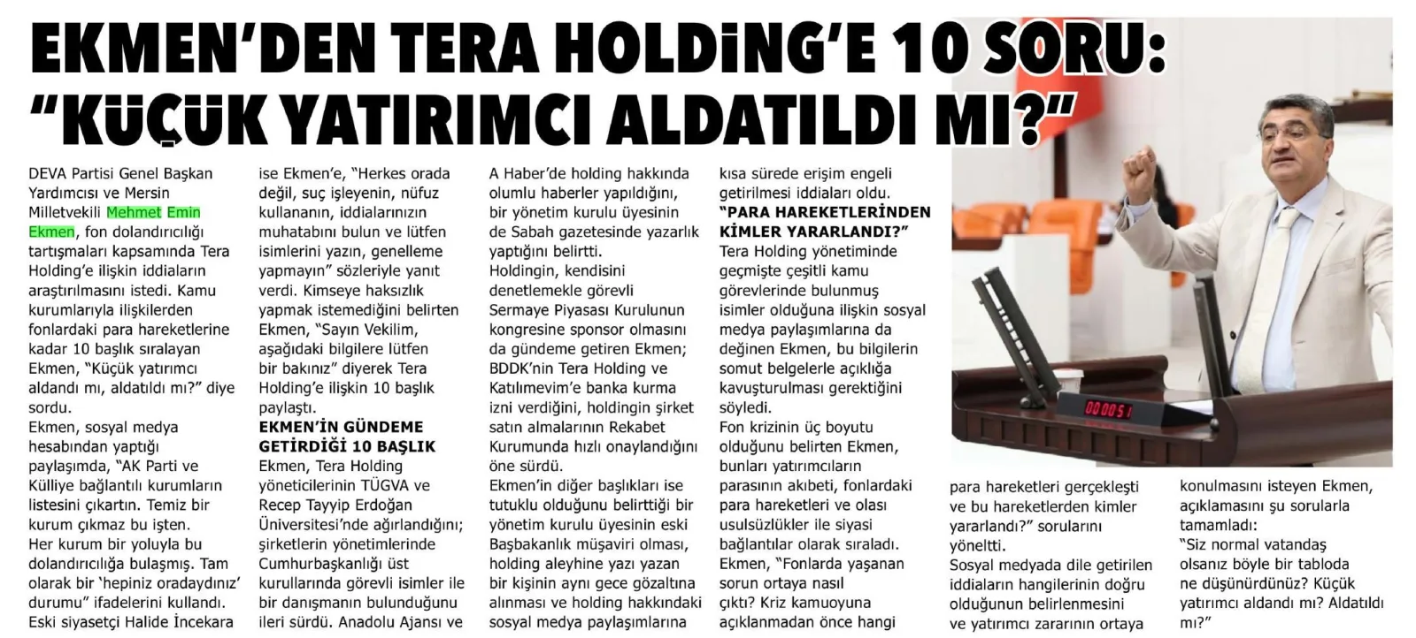 EKMENDEN TERA HOLDİNGE 10 SORU — gazete kupürü (2. parça)