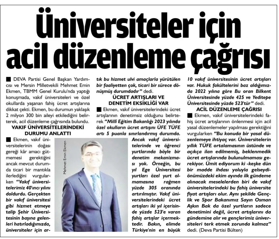 ÜNİVERSİTELER İÇİN ACİL DÜZENLEME ÇAĞRISI — gazete kupürü