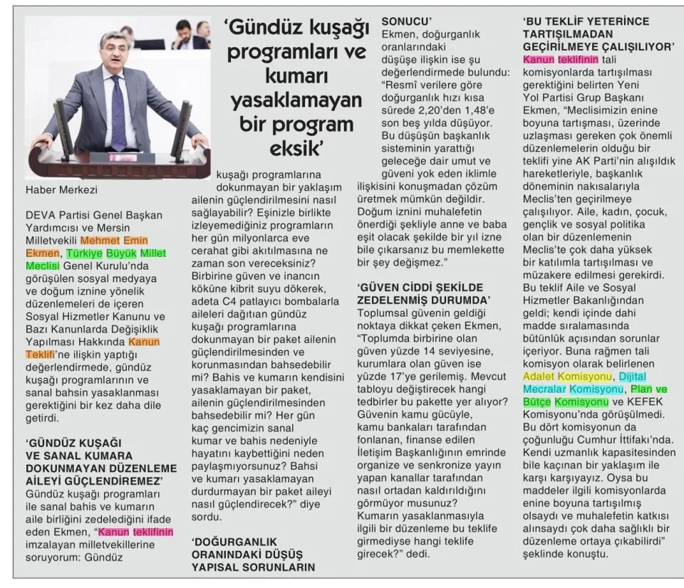 MİLLETVEKİLİ EKMEN'DEN SOSYAL MEDYA DÜZENLEMESİNE 'EKSİK' ELEŞTİRİSİ — gazete kupürü