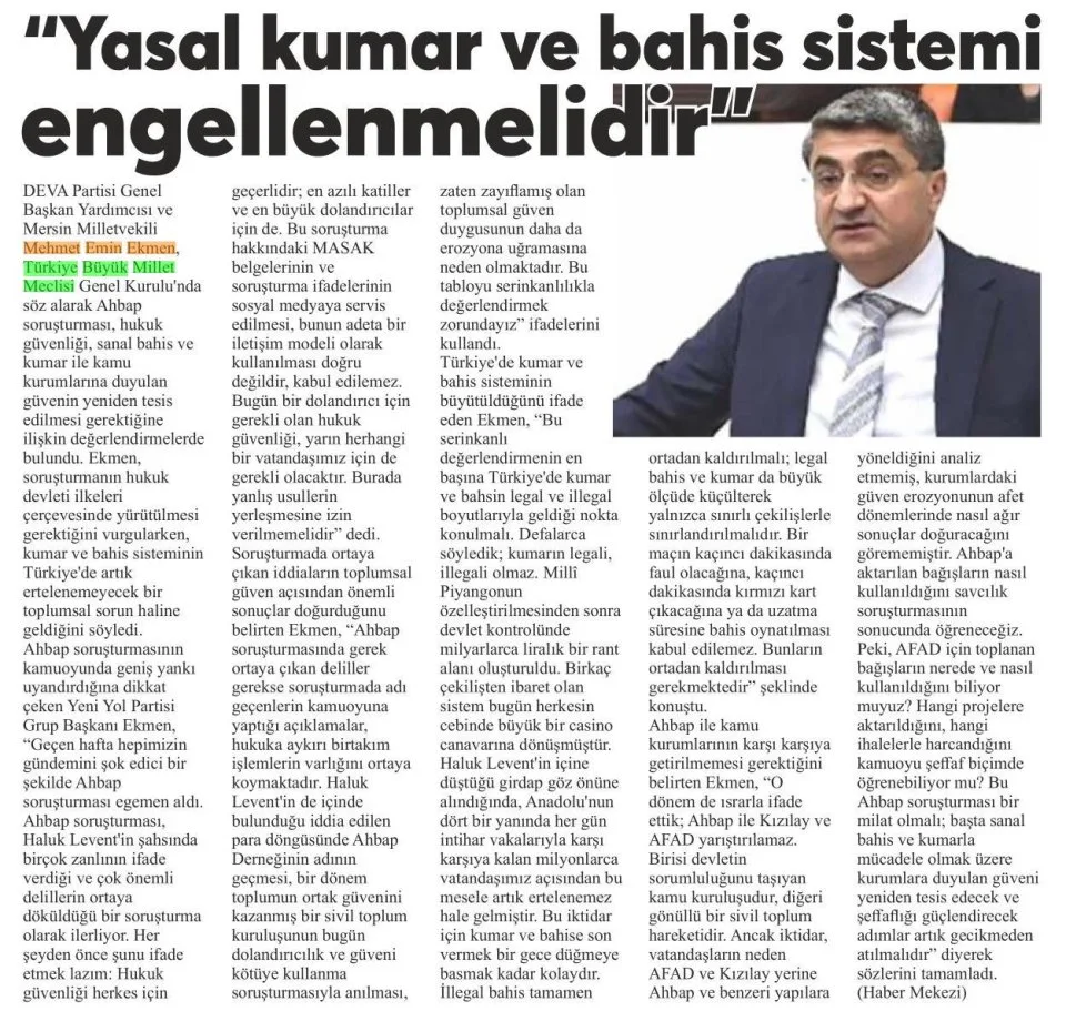 "YASAL KUMAR VE BAHİS SİSTEMİ ENGELLENMELİDİR" — gazete kupürü