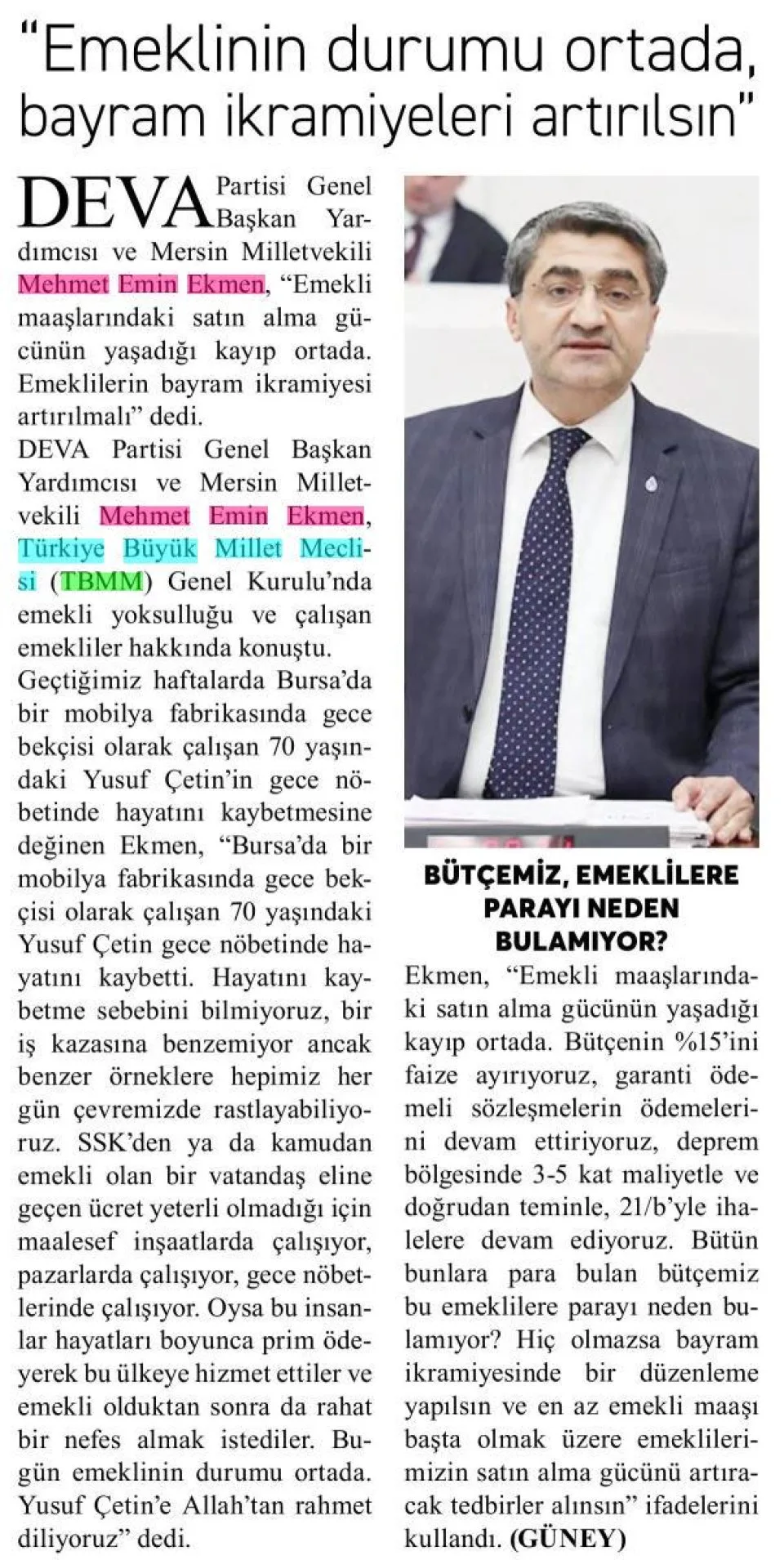 "EMEKLİNİN DURUMU ORTADA, BAYRAM İKRAMİYELERİ ARTIRILSIN" — gazete kupürü