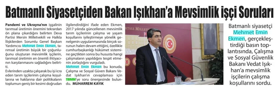 BATMANLI SİYASETÇİDEN BAKAN ISIKHAN'A MEVSİMLİK İŞÇİ SORULARI — gazete kupürü