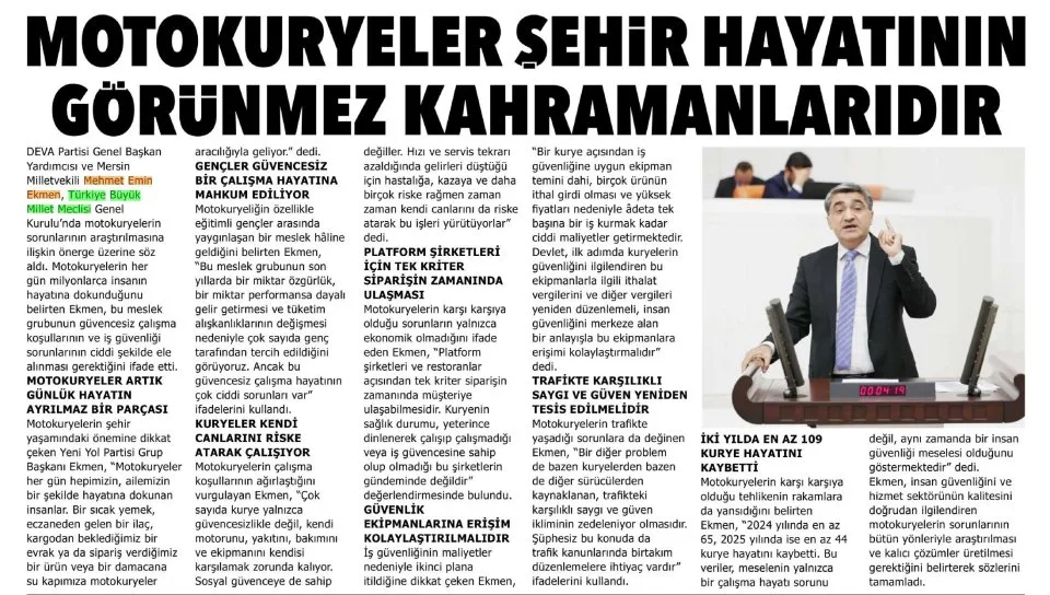MOTOKURYELER ŞEHİR HAYATININ GÖRÜNMEZ KAHRAMANLARIDIR — gazete kupürü