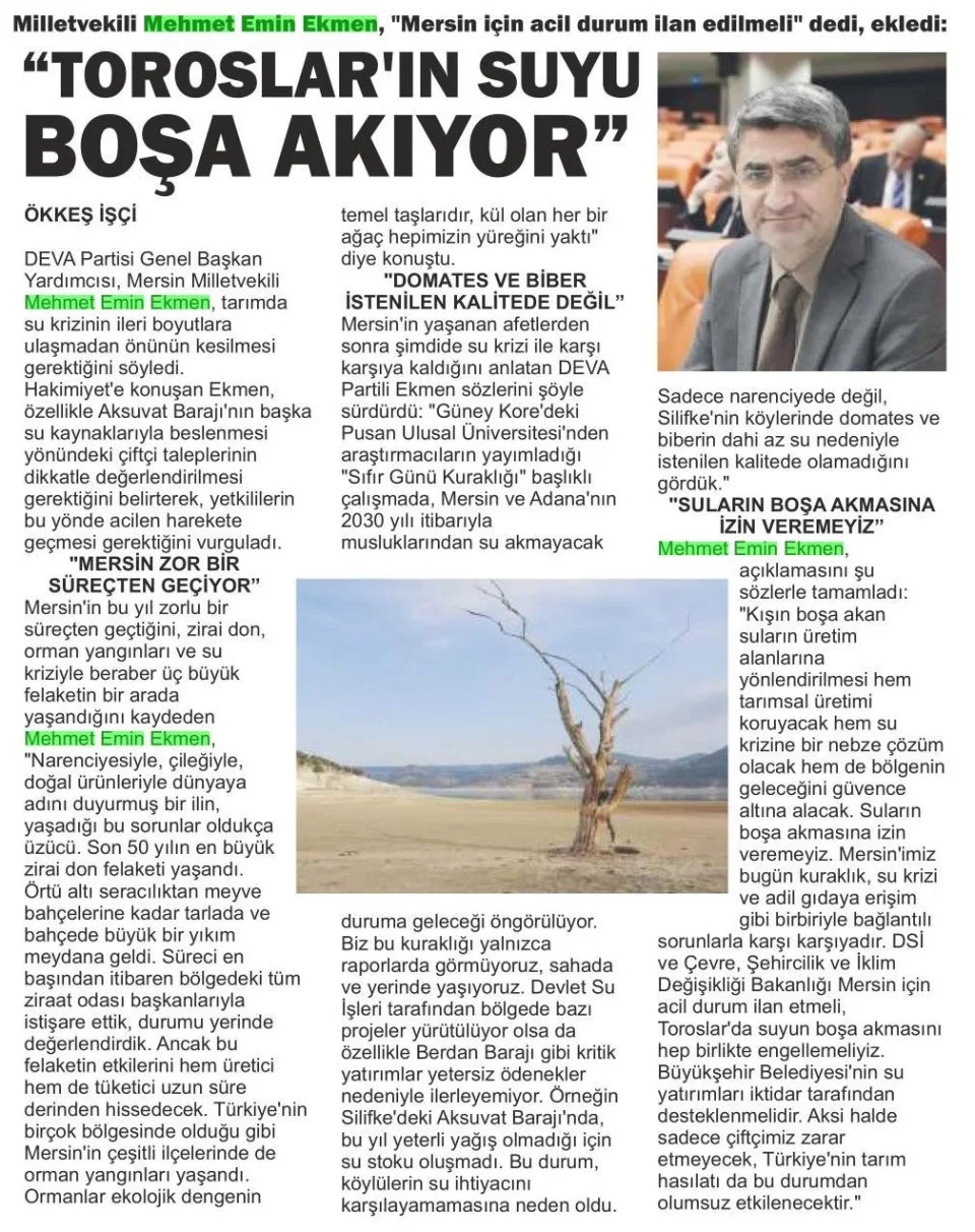 MERSİN İÇİN ACİL DURUM İLAN EDİLMELİ — gazete kupürü