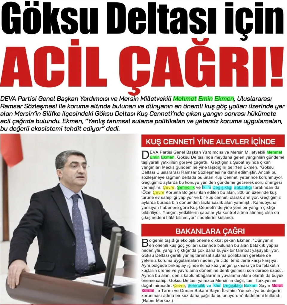 GÖKSU DELTASI İÇİN ACİL ÇAĞRI — gazete kupürü