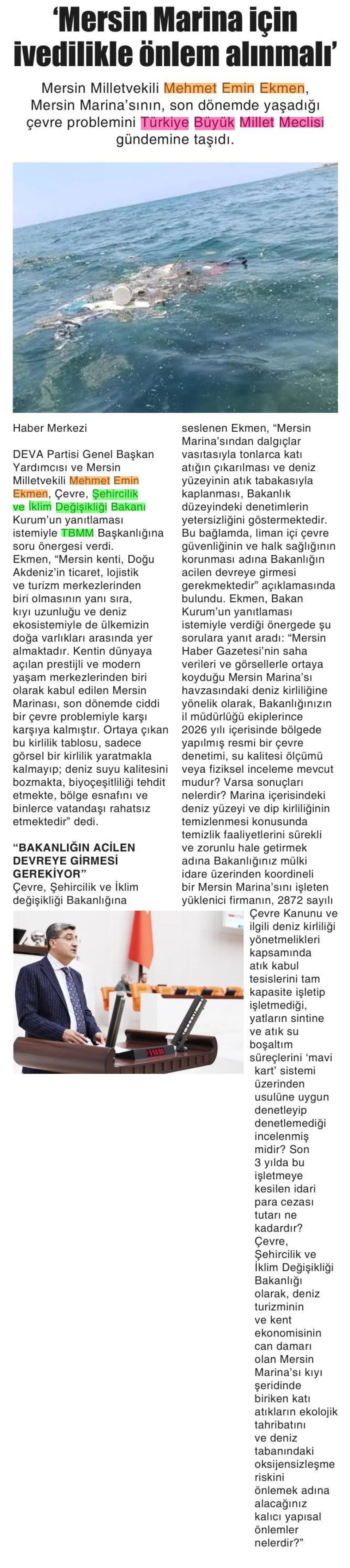 'MERSİN MARİNA İÇİN İVEDİLİKLE ÖNLEM ALINMALI' — gazete kupürü