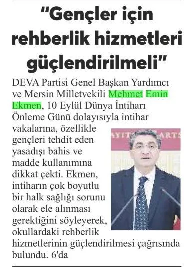 'GENÇLER İÇİN REHBERLİK HİZMETLERİ GÜÇLENDİRİLMELİ' — gazete kupürü