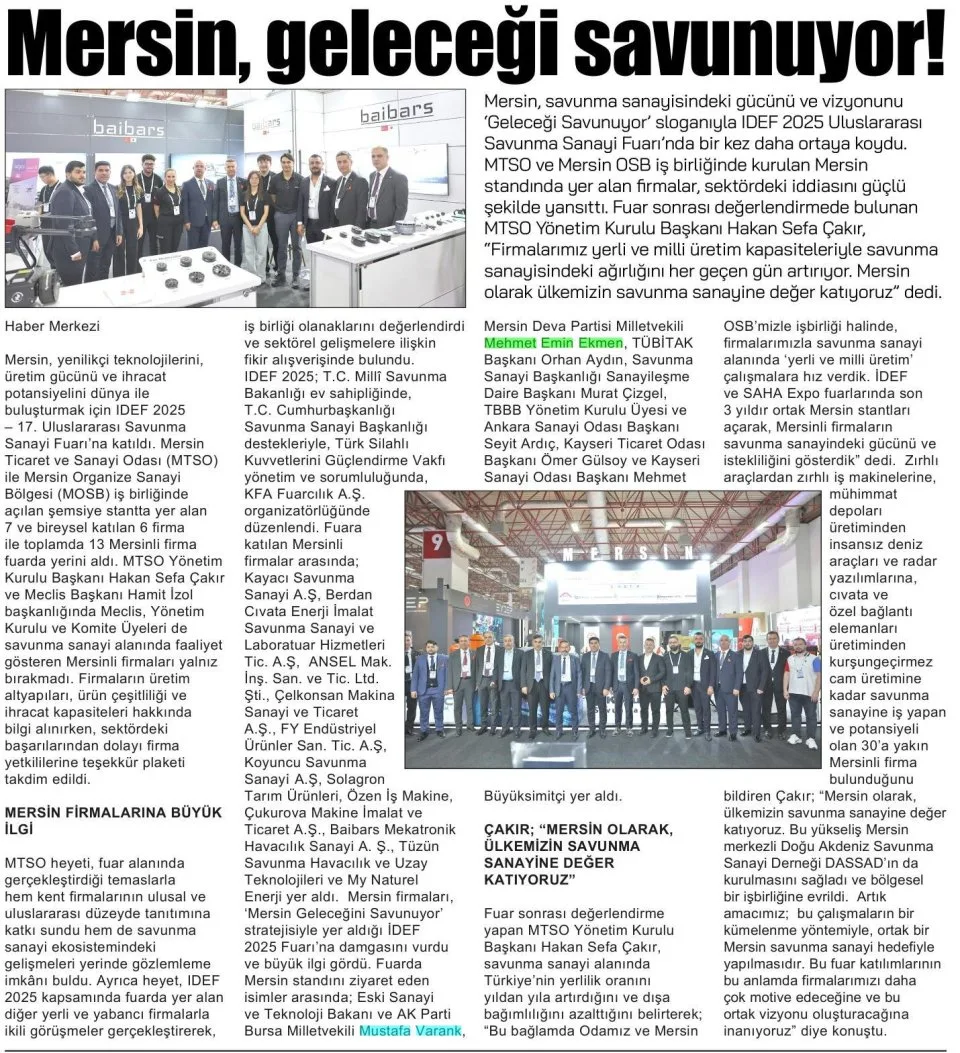 MERSİN, GELECEĞİ SAVUNUYOR! — gazete kupürü