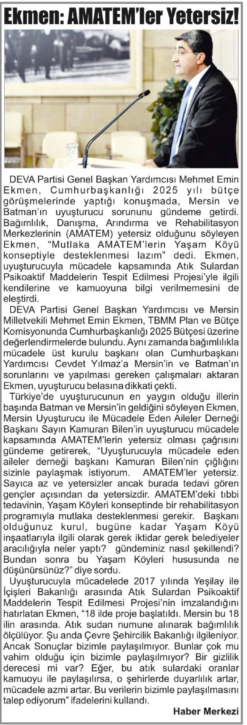 EKMEN'.ANATEM'LER YETERSİZ — gazete kupürü