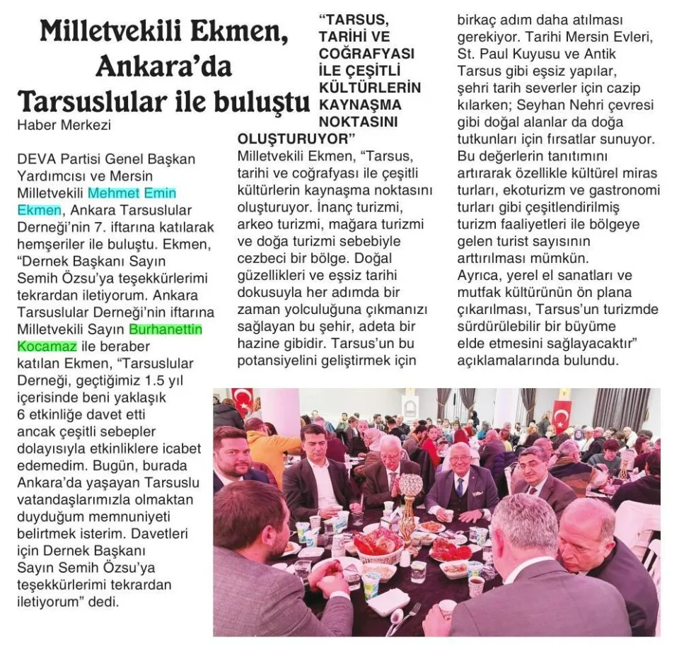 MİLLETVEKİLİ EKMEN, ANKARA'DA TARSUSLULAR İLE BULUŞTU — gazete kupürü