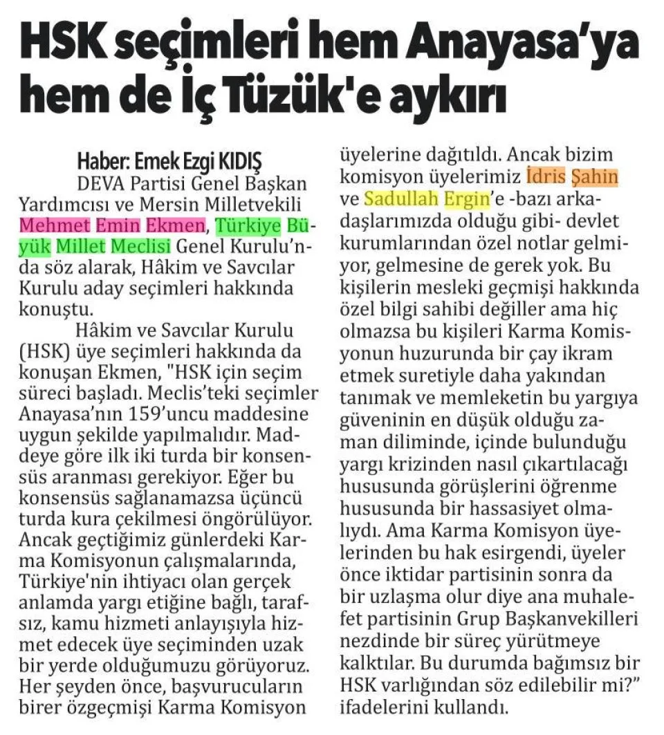 HSK SEÇİMLERİ ANAYASA'YA AYKIRI — gazete kupürü