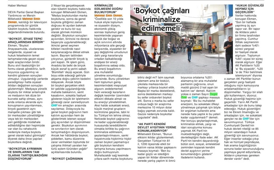 'BOYKOT ÇAĞRILARI KRİMİNALİZE EDİLMEMELİ — gazete kupürü