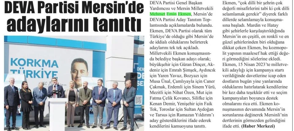 DEVA PARTİSİ MERSİN'DE ADAYLARINI TANITTI — gazete kupürü