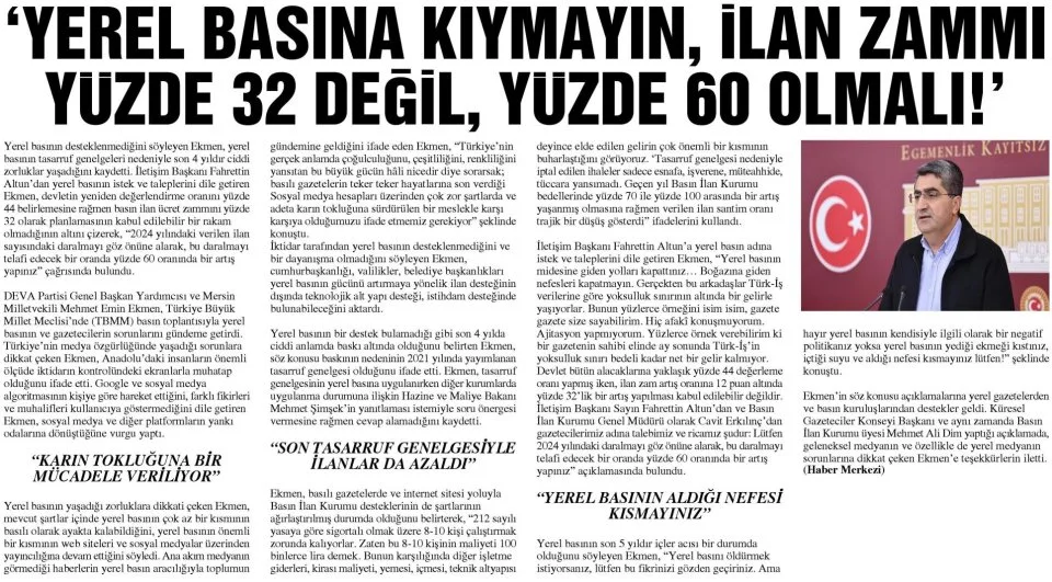 İLAN ZAMMI YÜZDE 32 DEĞİL, YÜZDE 60 OLMALI! — gazete kupürü