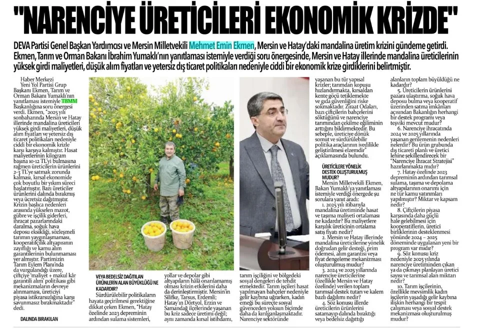 "NARENCİYE ÜRETİCİLERİ EKONOMİK KRİZDE'' — gazete kupürü