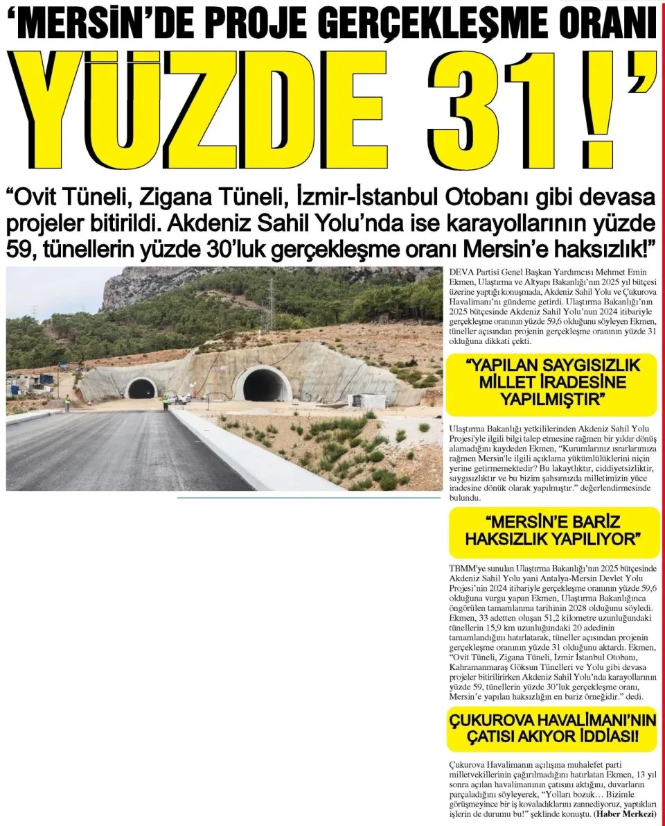 MERSİN'DE PROJE GERÇEKLEŞME ORANI YÜZDE 31 — gazete kupürü