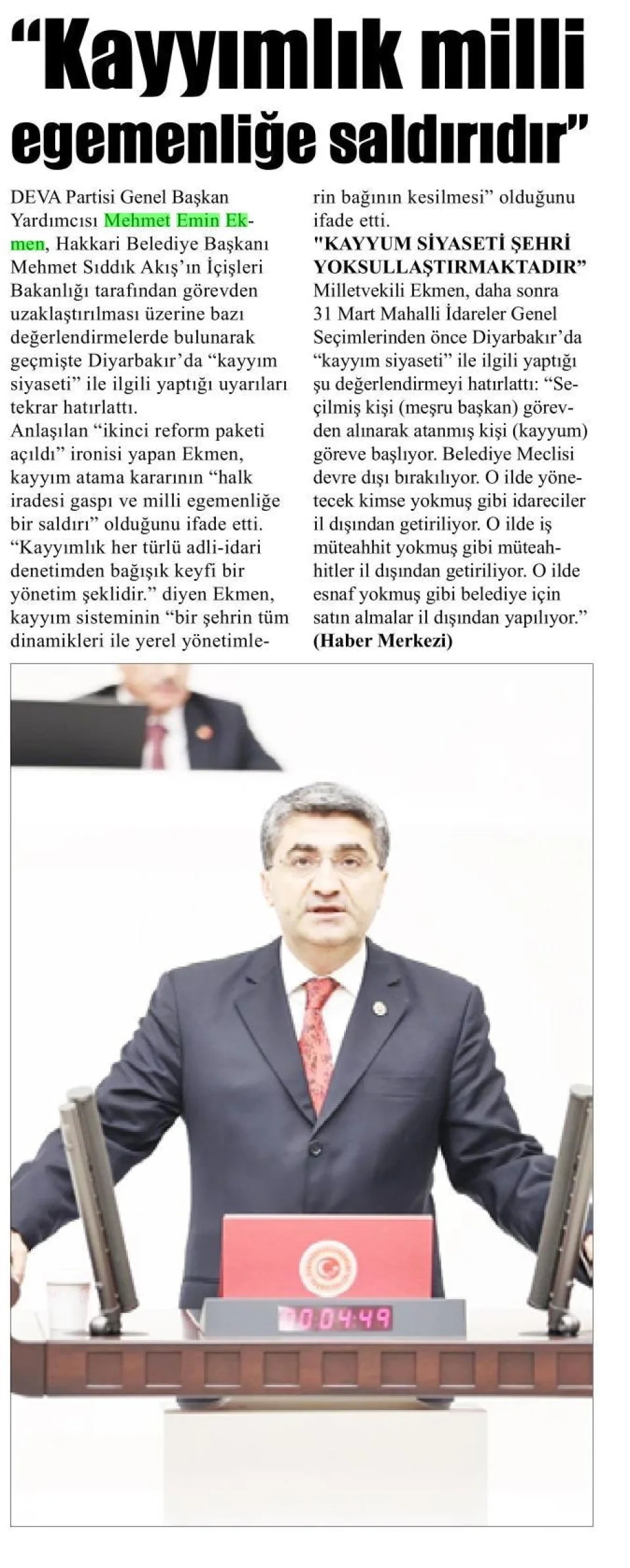 KAYYIMLIK MİLLİ EGEMENLİĞE SALDIRIDIR — gazete kupürü
