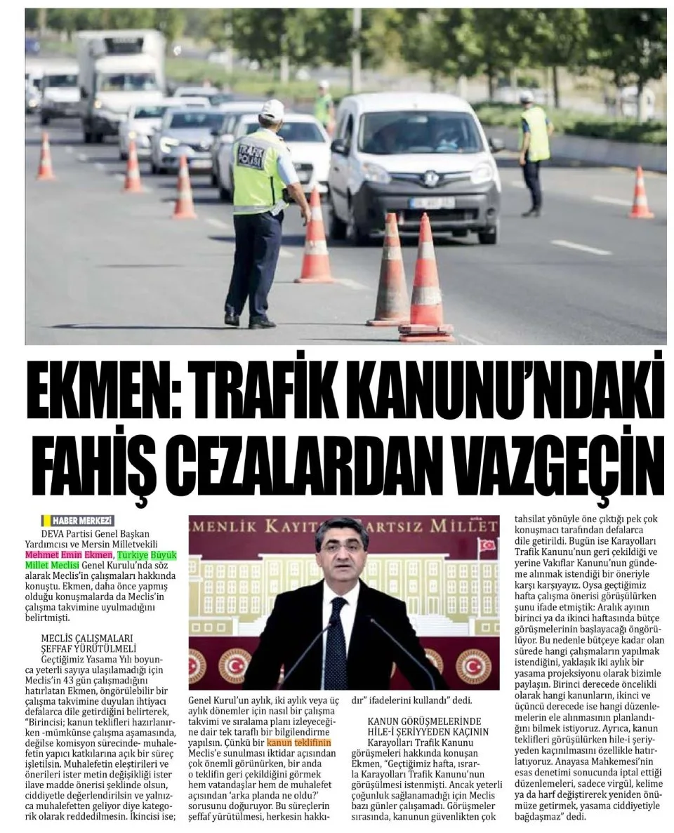 EKMEN: TRAFİK KANUNU'NDAKİ FATİŞ CEZALARDAN VAZGEÇİN — gazete kupürü