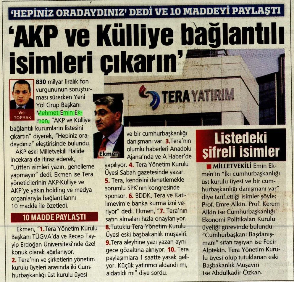 'AKP VE KÜLLİYE BAĞLANTILI İSİMLERİ ÇIKARIN' — gazete kupürü