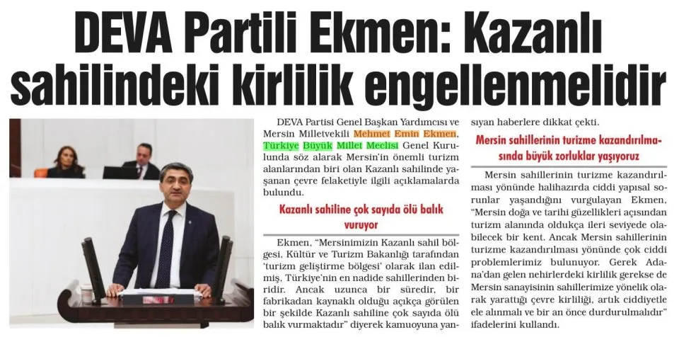 DEVA PARTİLİ EKMEN: KAZANLI SAHİLİNDEKİ KİRLİLİK ENGELLENMELİDİR — gazete kupürü